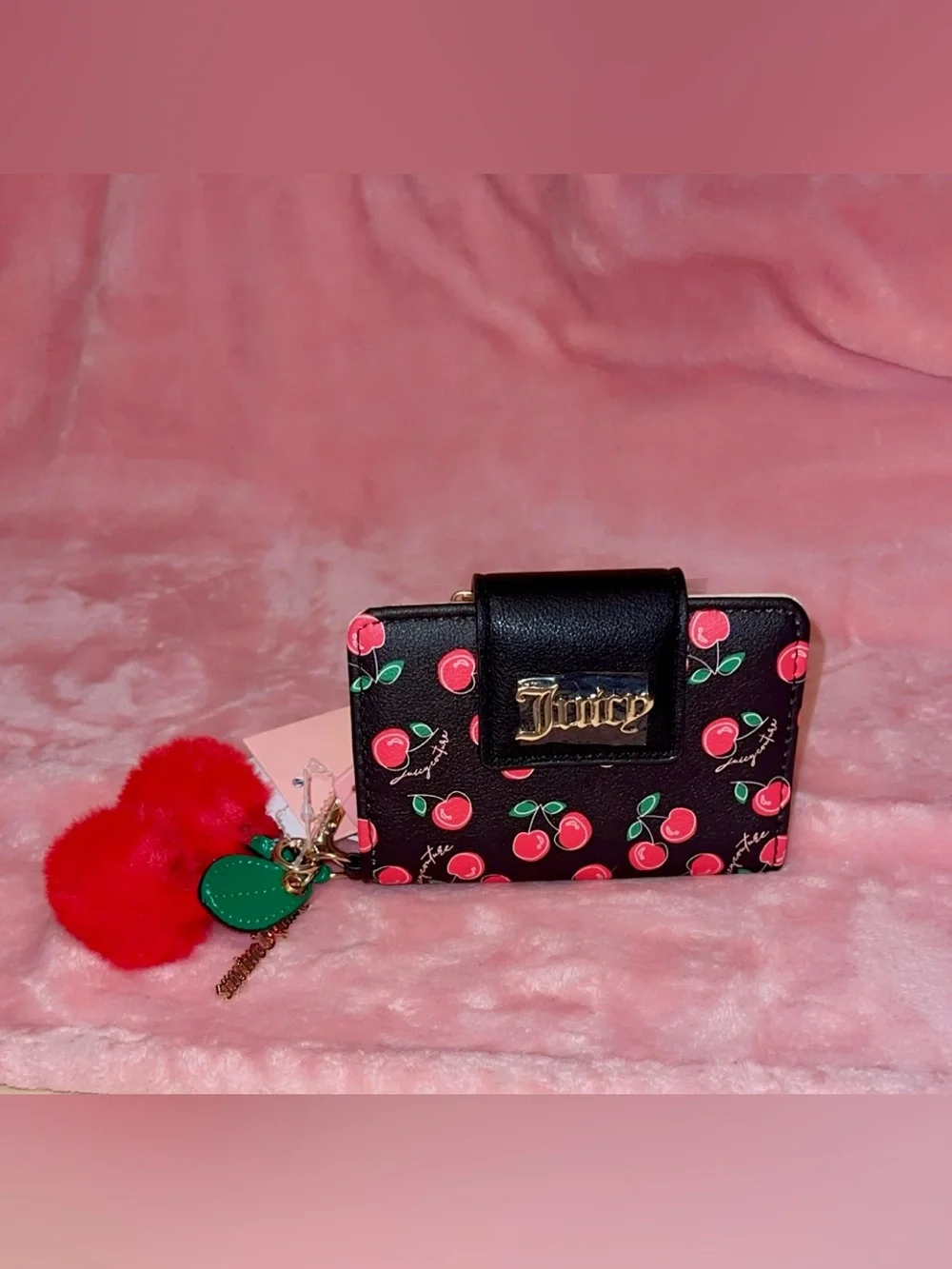 Juicy Couture Black Cherry Print Wallet with Red Cherry Pom Charm